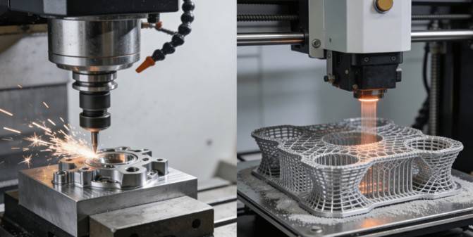 Comparison diagram between CNC Machining and Metal 3D Printing for rapid prototyping, highlighting precision, design freedom, and applications.